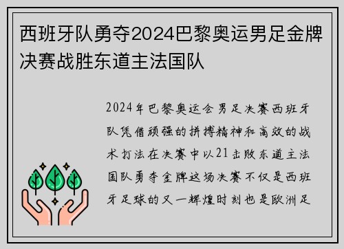 西班牙队勇夺2024巴黎奥运男足金牌决赛战胜东道主法国队